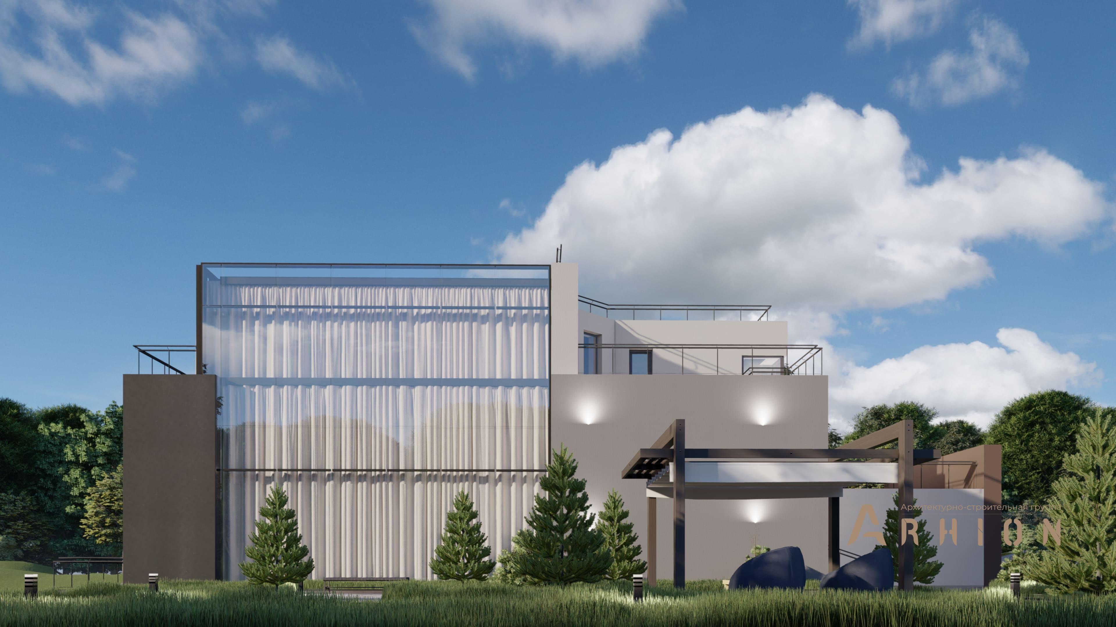 5. Проект двухэтажного дома в стиле хай-тек с плоской кровлей , H-102, площадью - 721 кв c цокольным этажом, терассой, балконом, гаражом